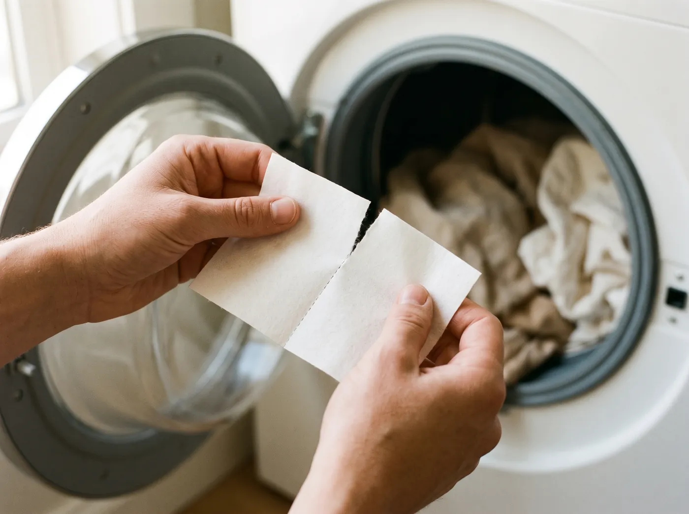 Handen scheuren een wasstrip langs de perforatie boven de trommel